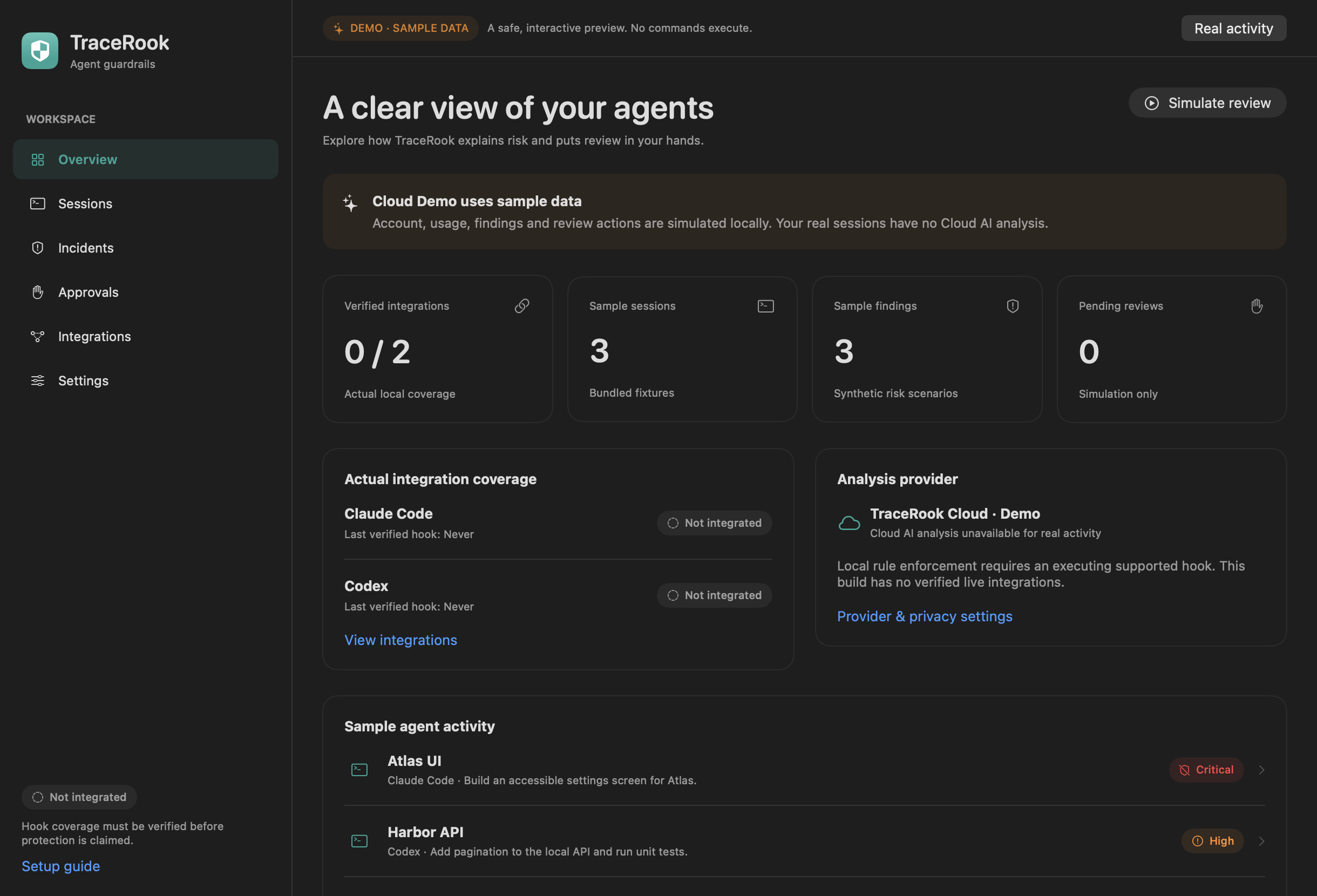 TraceRook native macOS dashboard displaying explicitly labeled Cloud Demo sample data and zero verified real integrations
